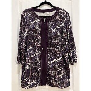 CJ Banks Cotton Shirt Jacket Top Plus 2X Full Zip Purple Abstract 3/4 Sleeve